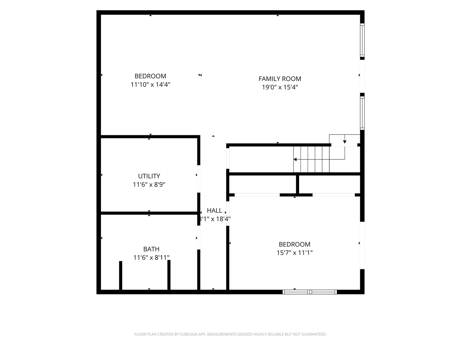 Terrace level floor plan — family room, two bedrooms, bath, utility