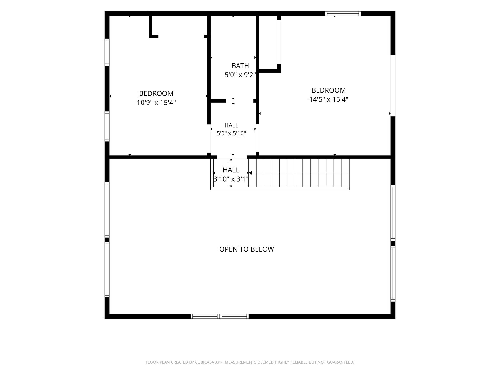 Upper level floor plan — two bedrooms, full bath, open to below
